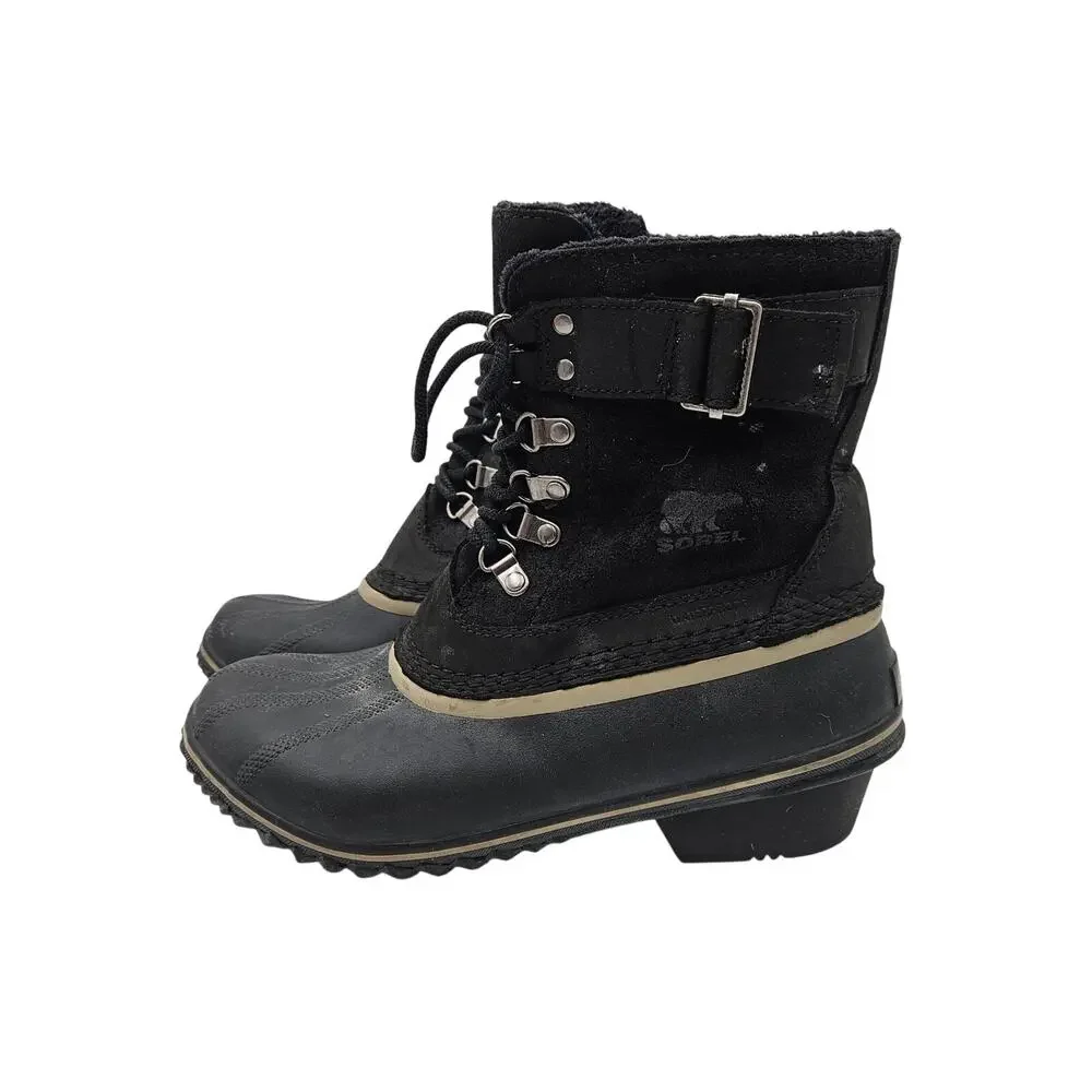 Sorel Winter Fancy Lace II Black Waterproof Ankle Boots Women 8.5 Lace Up Buckle
